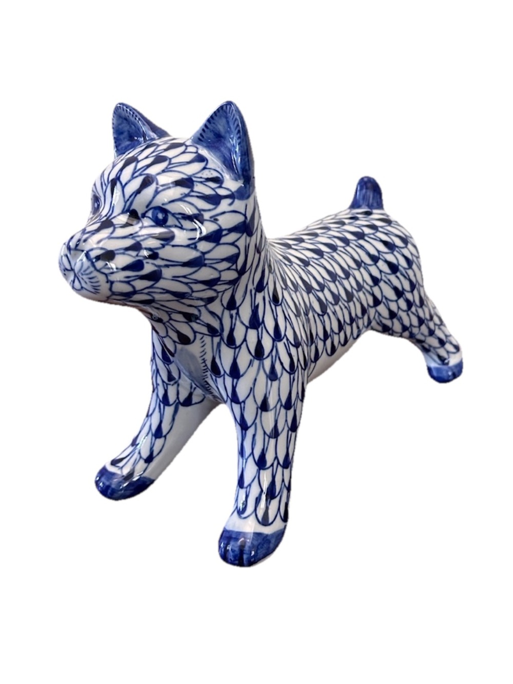 vintage 1980s Andrea by Sadek hand-painted porcelain dog figurine blue and white